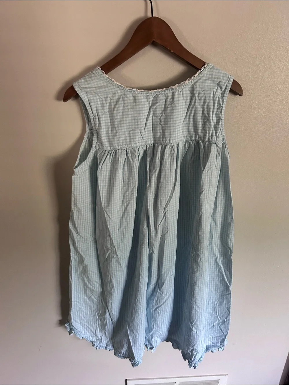 Vintage Amanda Stewart blue gingham floral embroidered ruffle hem nightgown